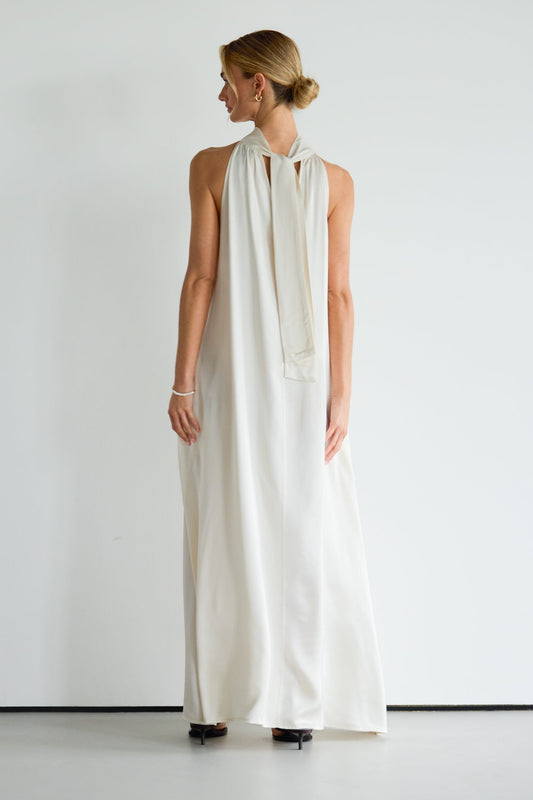 Back view of ivory halterneck satin dress