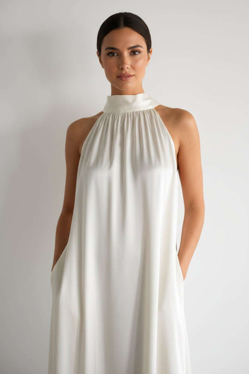 Front detail view of ivory halterneck satin dress