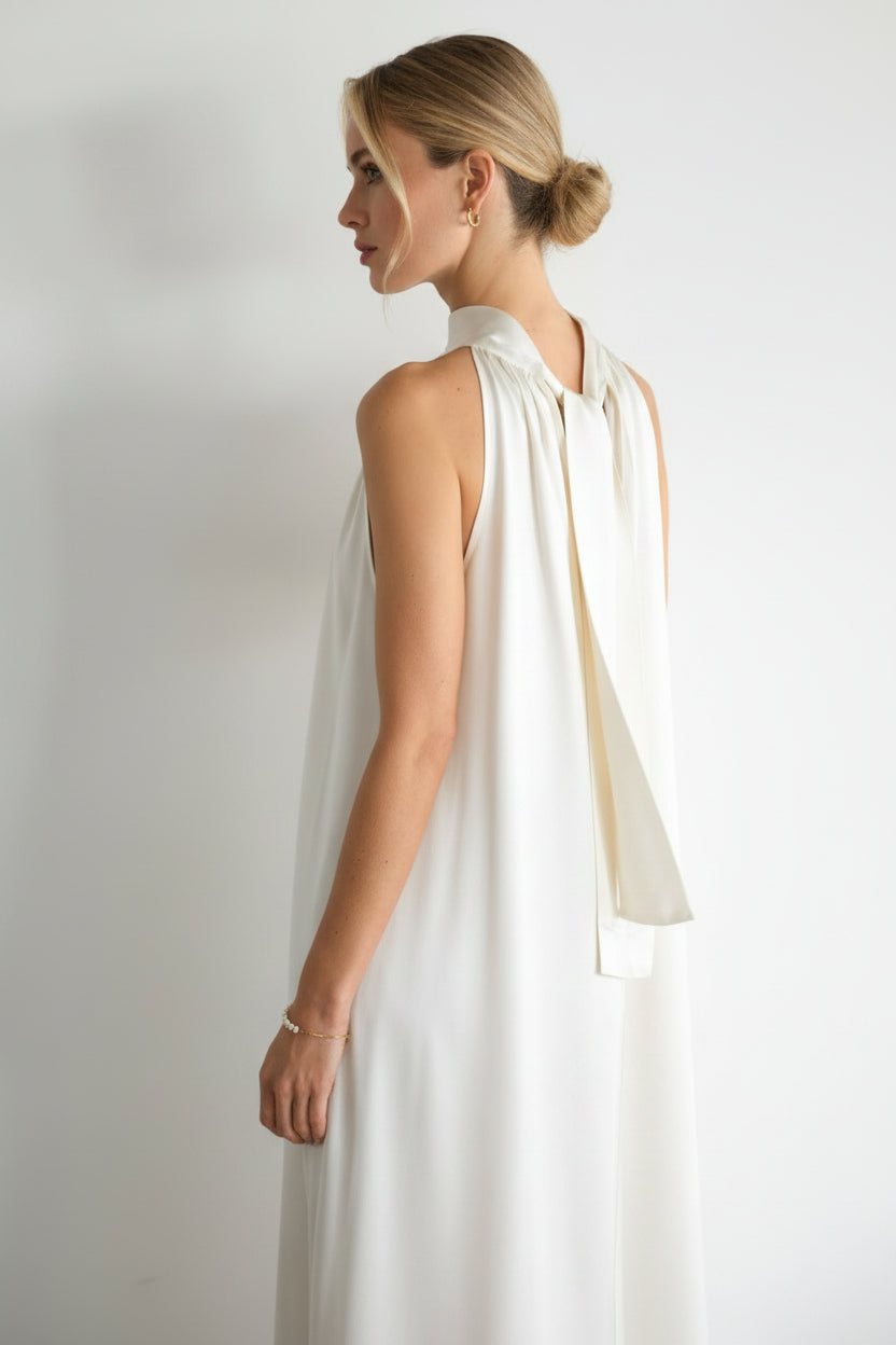 Back detail view of ivory halterneck satin dress