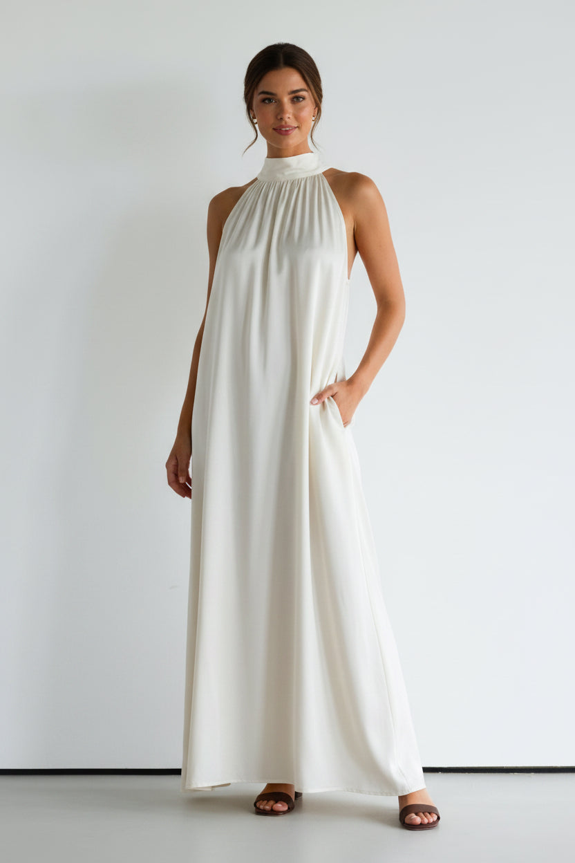 Front view of ivory halterneck satin dress