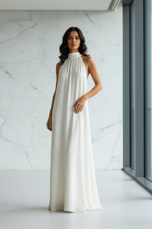 Front view of ivory halterneck satin dress