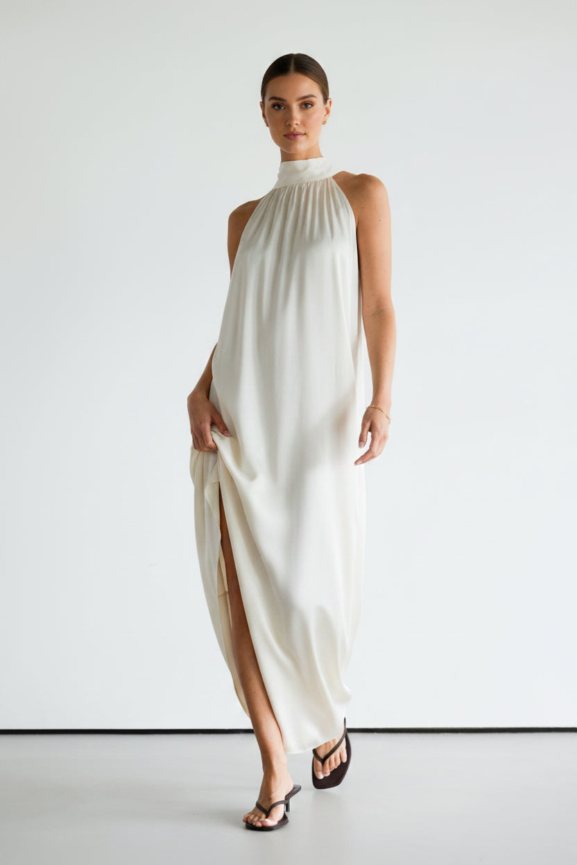 Front view of ivory halterneck satin dress
