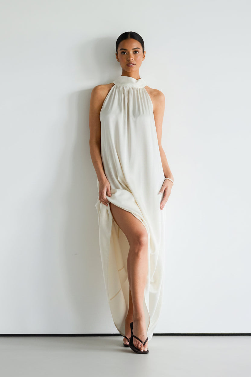 Front view of ivory halterneck satin dress