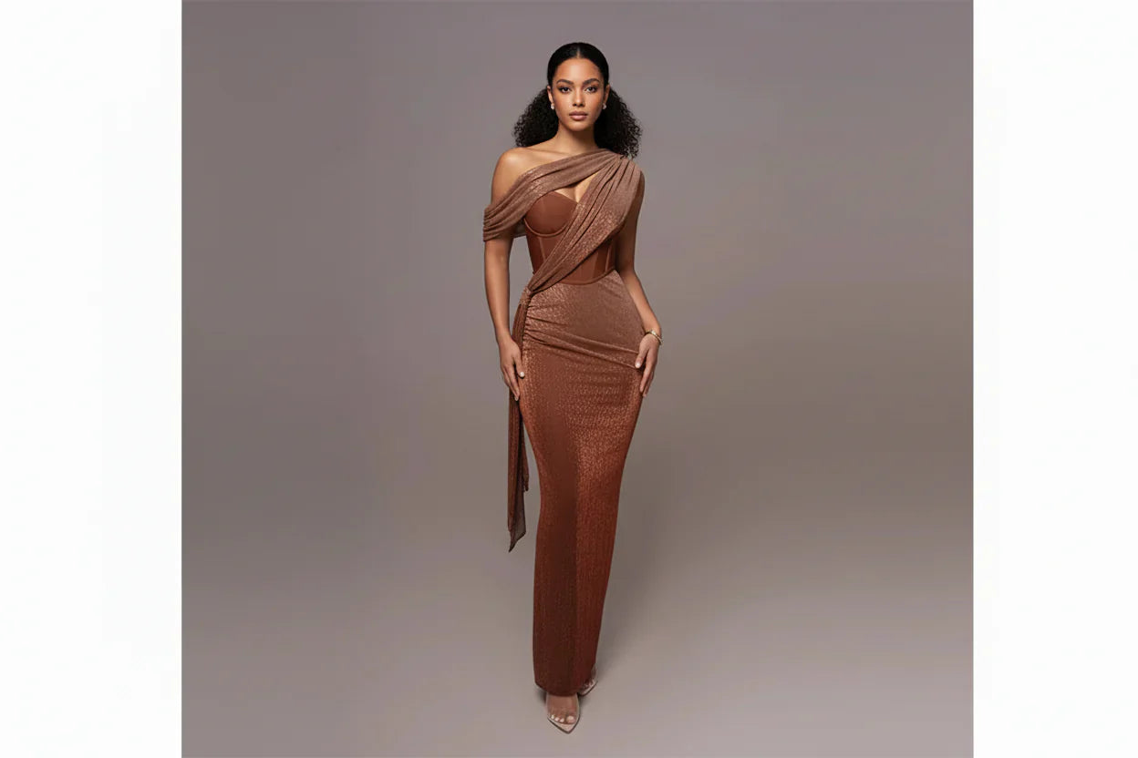 Elegant One Shoulder Maxi Evening Dress - Luxivelle