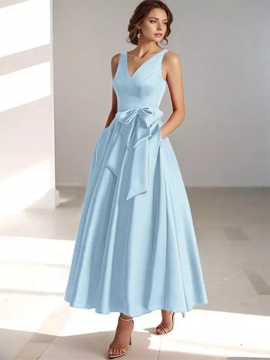 Ladies' V Neck Bridesmaid Midi Dress with Satin Waist - Luxivelle